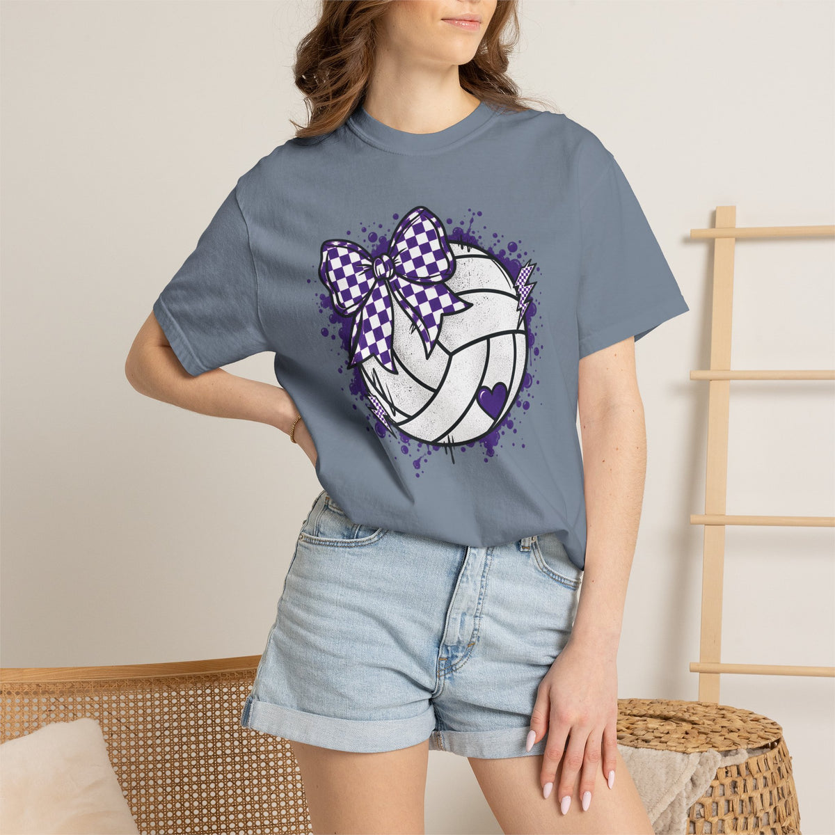 Volleyball Heart Purple Bow Graphic Tee