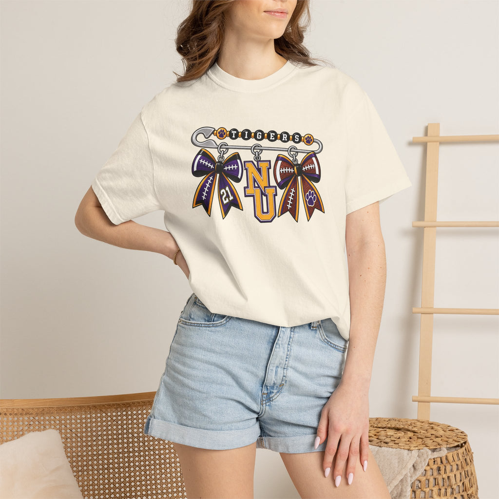 Safety Pin Charm TShirt Purple Gold Cheer Ribbon Design