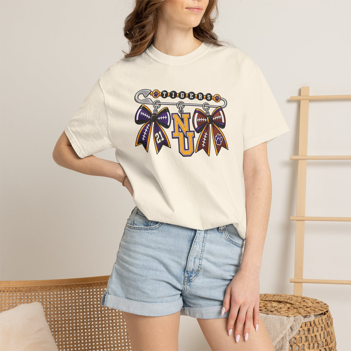 Safety Pin Charm TShirt Purple Gold Cheer Ribbon Design