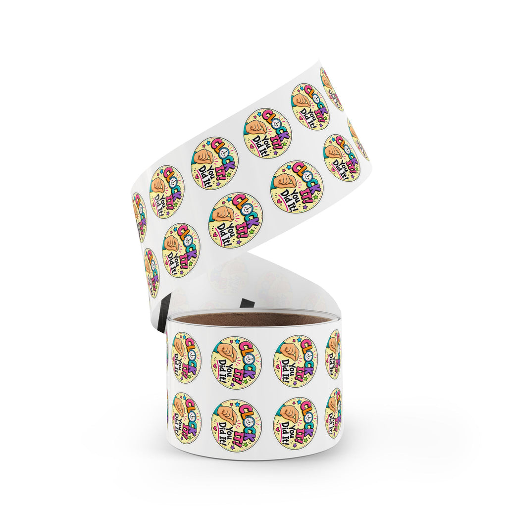 Round Reward Stickers — “Clock It! You Did It!” Positive Reinforcement Label Rolls