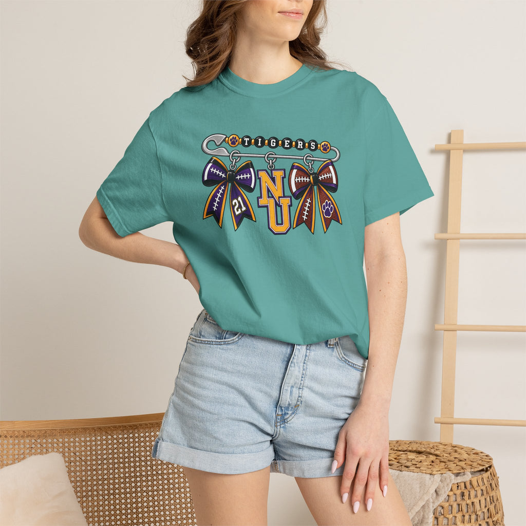 Safety Pin Charm TShirt Purple Gold Cheer Ribbon Design