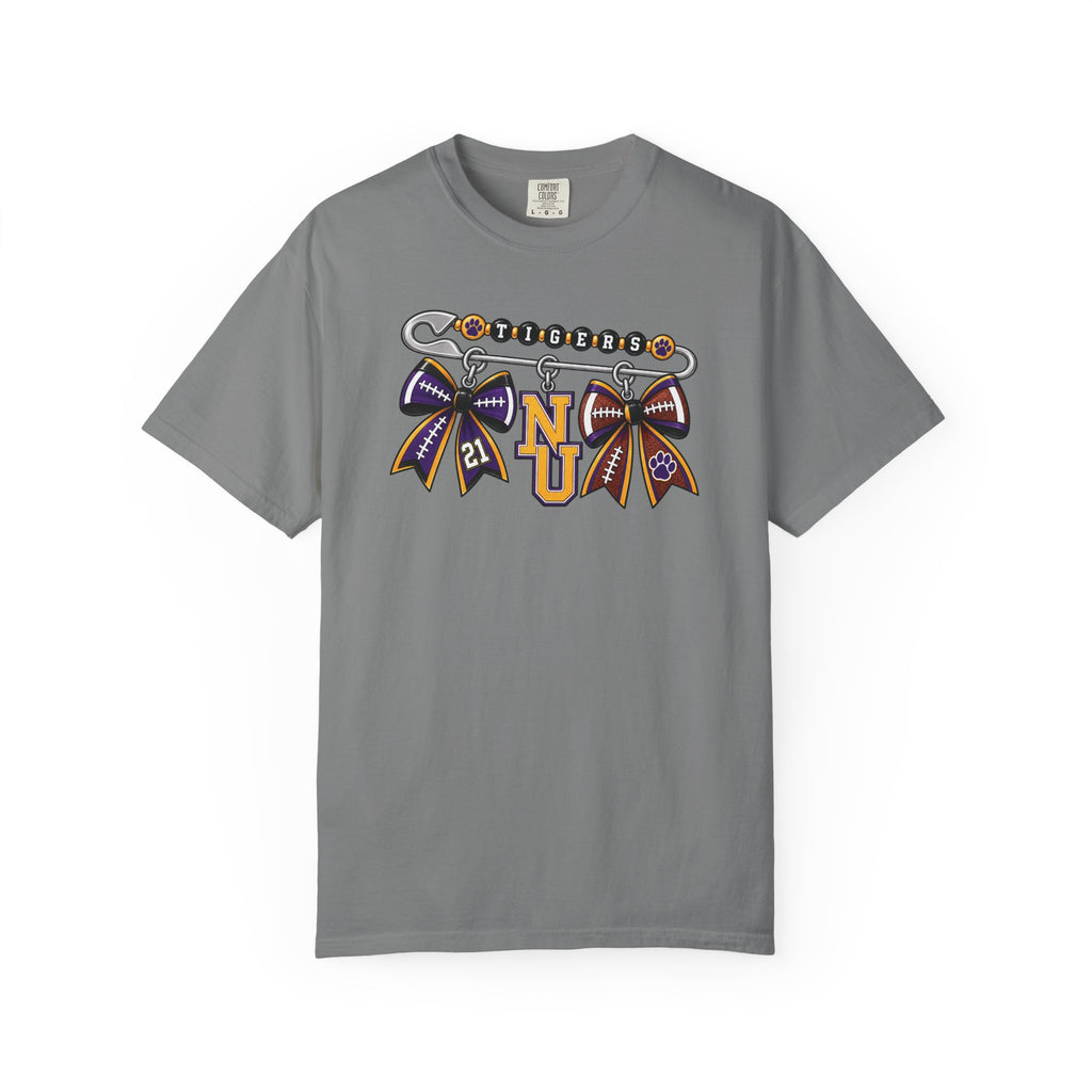 Safety Pin Charm TShirt Purple Gold Cheer Ribbon Design