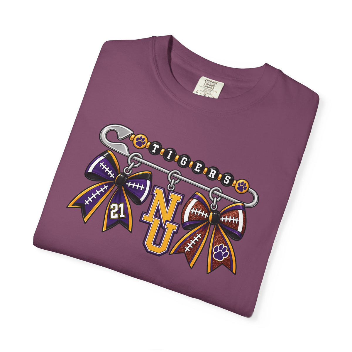 Safety Pin Charm TShirt Purple Gold Cheer Ribbon Design