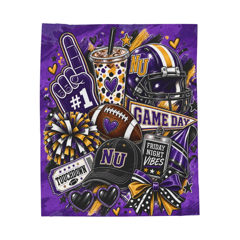 Velveteen Plush Blanket - Purple 'Game Day' Football Collage (NU) - Friday Night Vibes Throw
