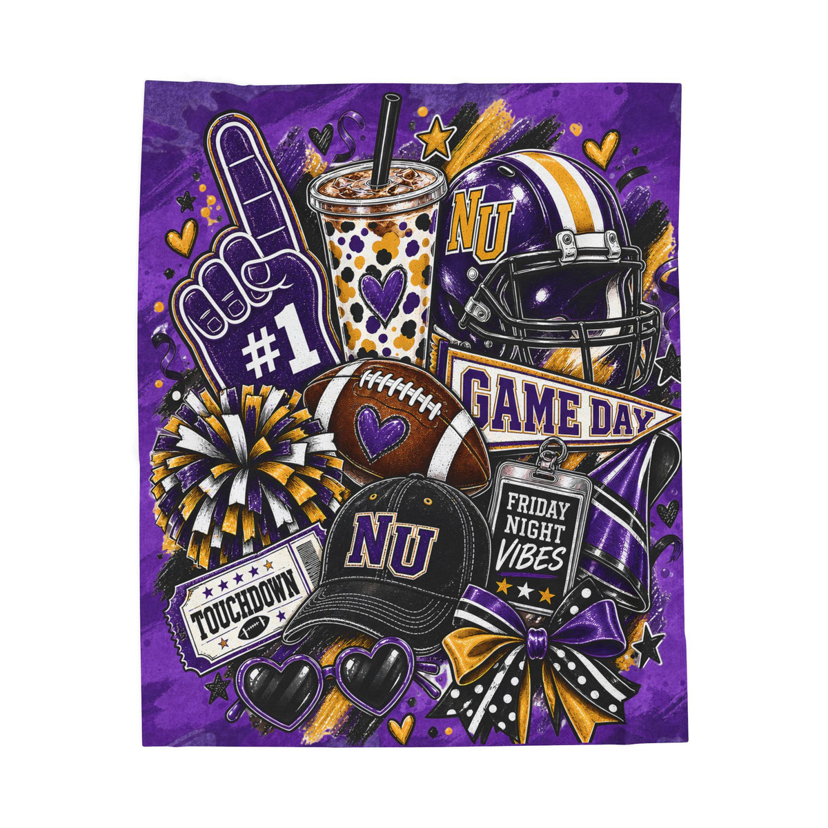 Velveteen Plush Blanket - Purple 'Game Day' Football Collage (NU) - Friday Night Vibes Throw