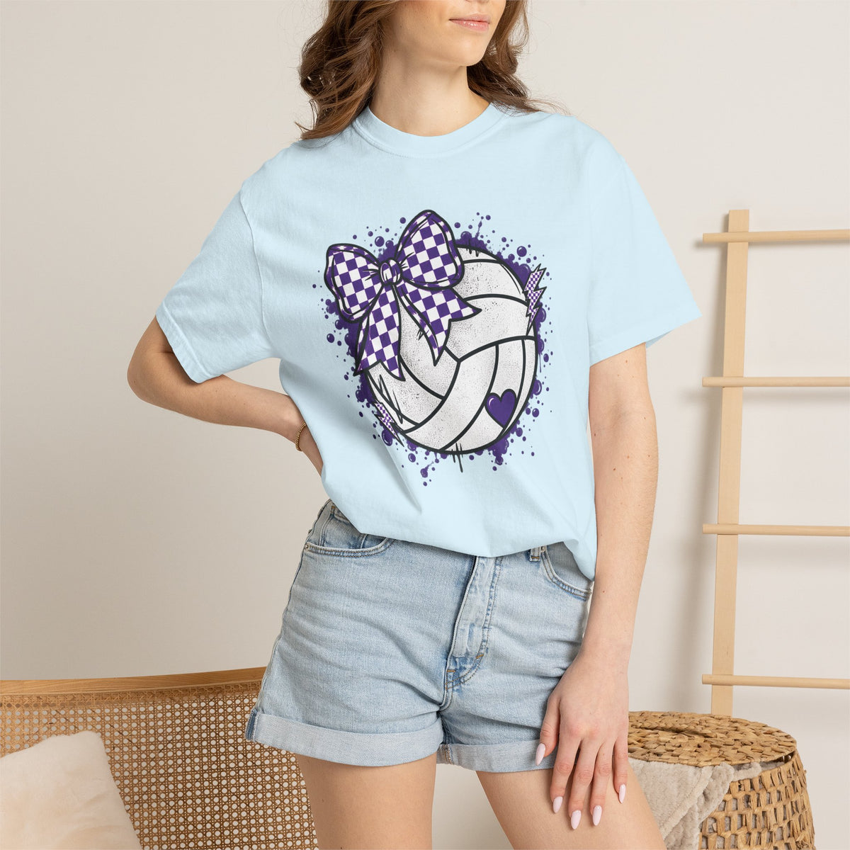 Volleyball Heart Purple Bow Graphic Tee