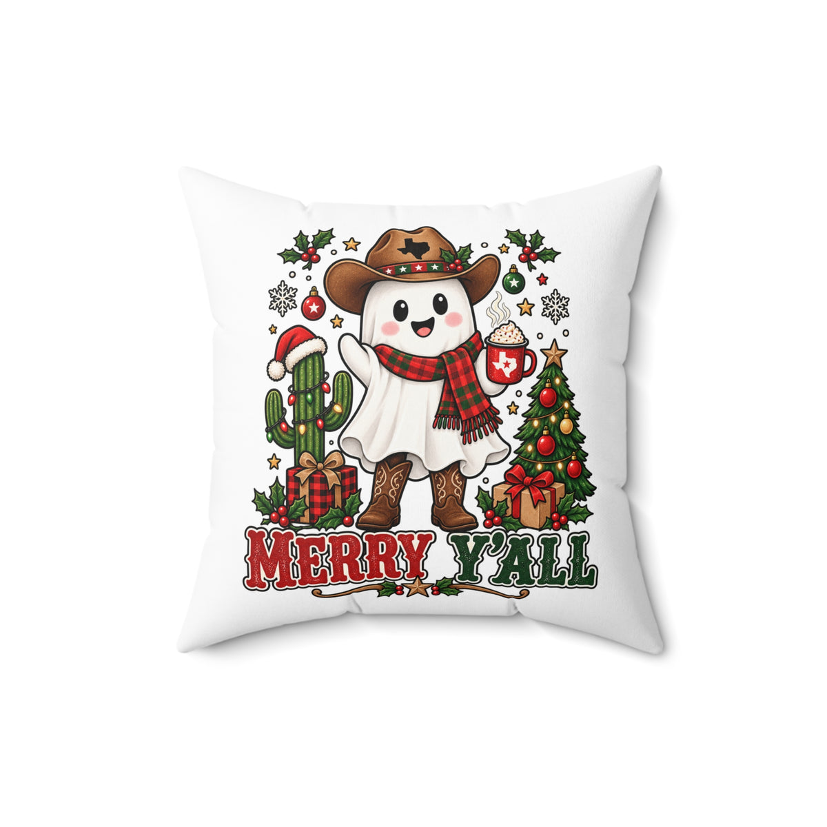 Halloween & Christmas Ghost Cowboy Pillow – “Boo Y'all” / “Merry Y'all” Decorative Throw Pillow