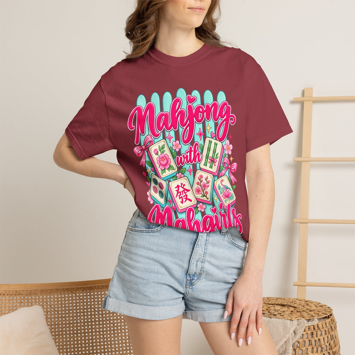 Mahjong with Mahgirls T-Shirt — Cute Floral Mahjong Tiles Tee for Mahjong Lovers