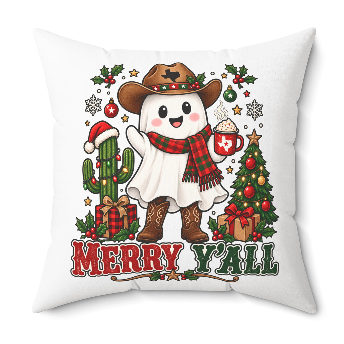 Halloween & Christmas Ghost Cowboy Pillow – “Boo Y'all” / “Merry Y'all” Decorative Throw Pillow
