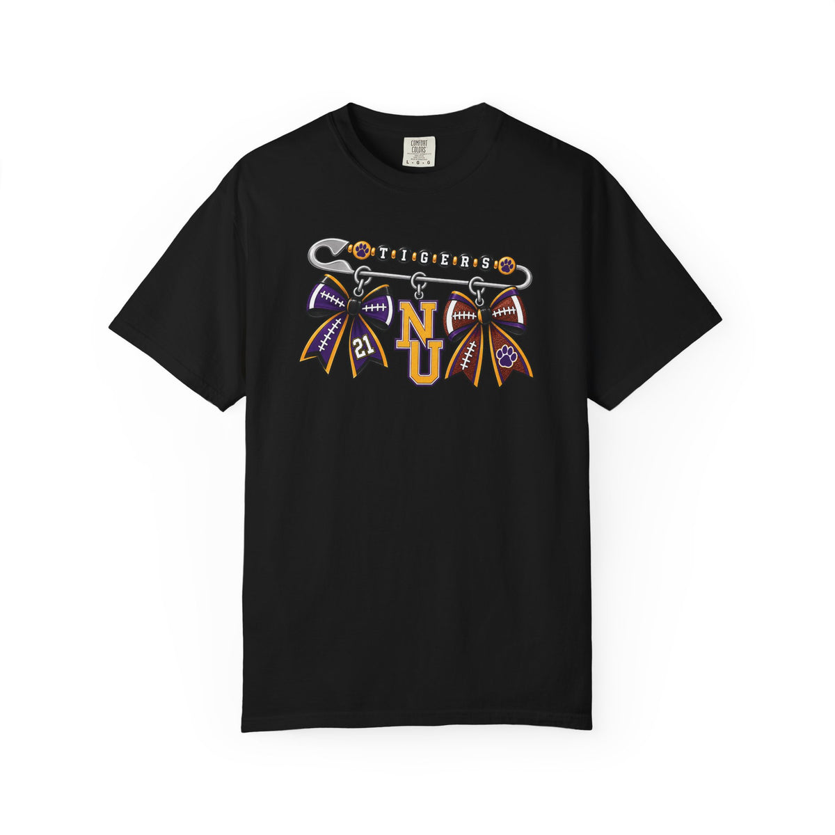Safety Pin Charm TShirt Purple Gold Cheer Ribbon Design