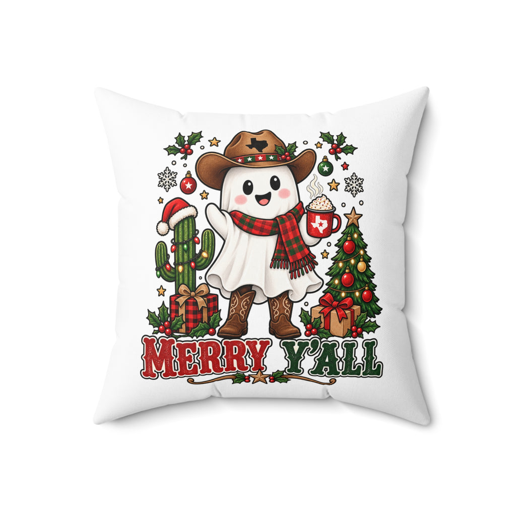 Halloween & Christmas Ghost Cowboy Pillow – “Boo Y'all” / “Merry Y'all” Decorative Throw Pillow