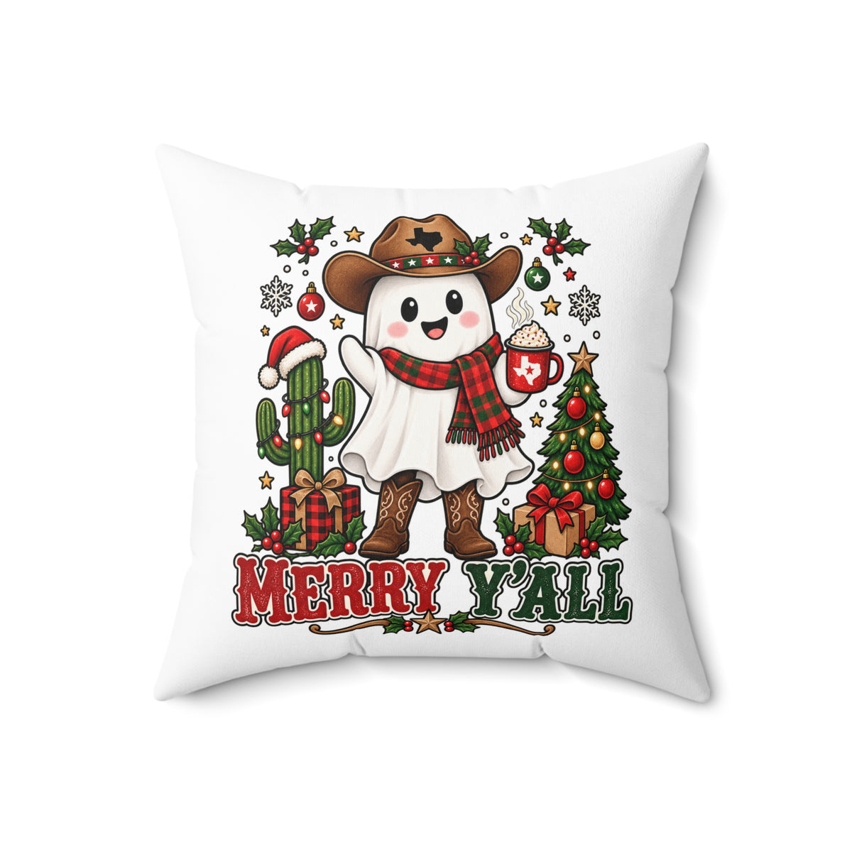 Halloween & Christmas Ghost Cowboy Pillow – “Boo Y'all” / “Merry Y'all” Decorative Throw Pillow