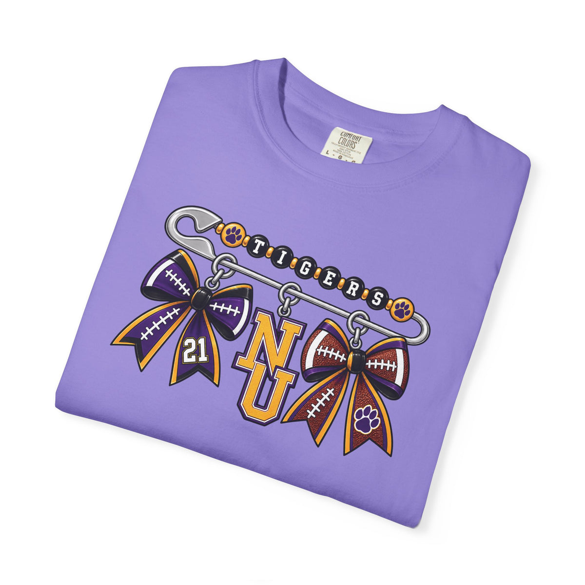Safety Pin Charm TShirt Purple Gold Cheer Ribbon Design