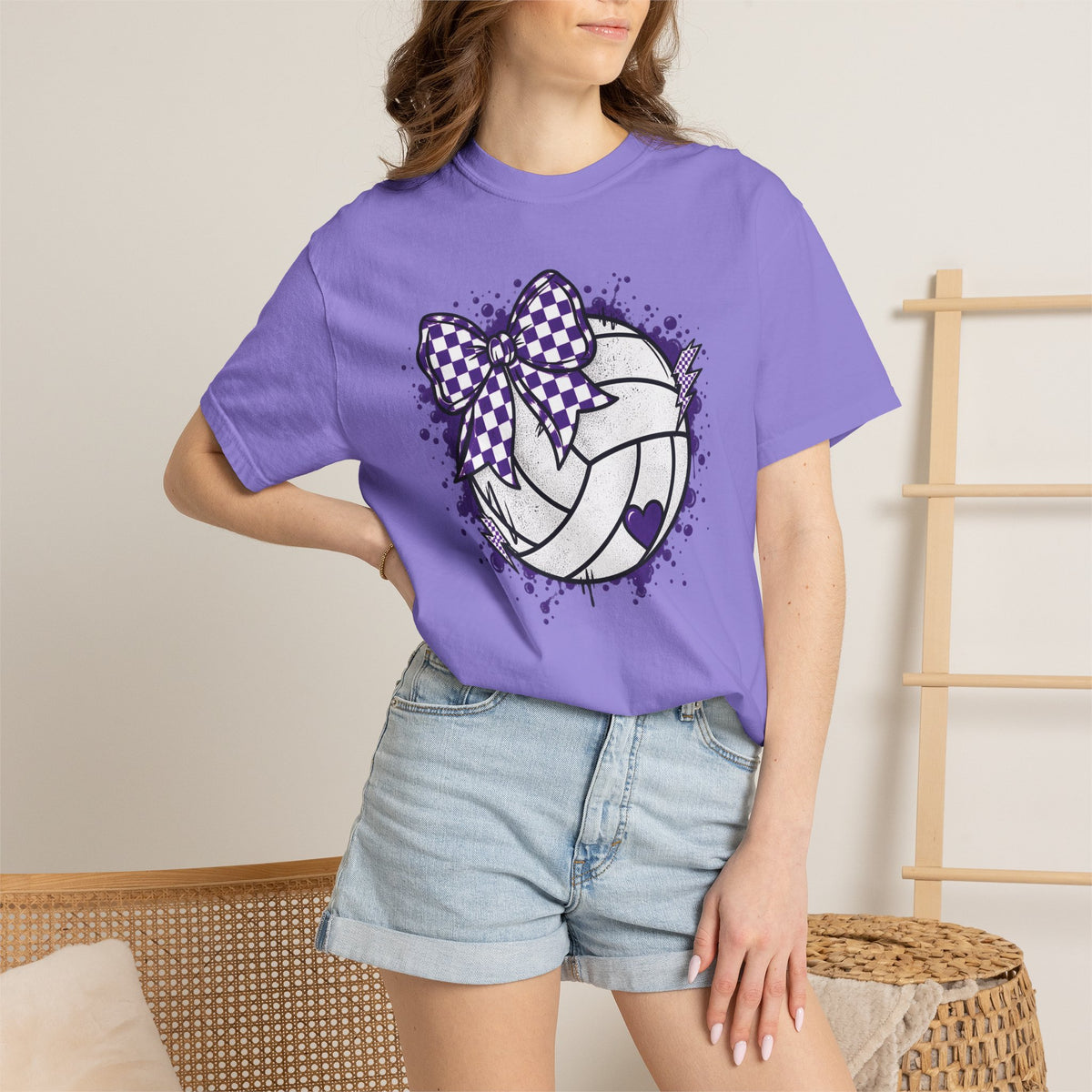 Volleyball Heart Purple Bow Graphic Tee