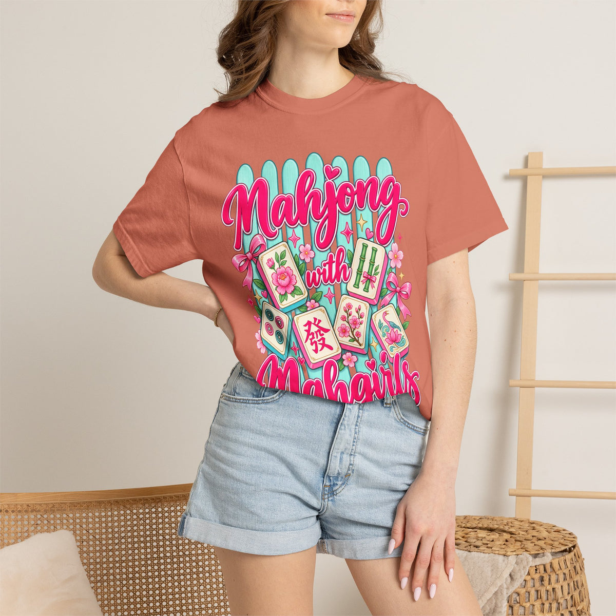 Mahjong with Mahgirls T-Shirt — Cute Floral Mahjong Tiles Tee for Mahjong Lovers
