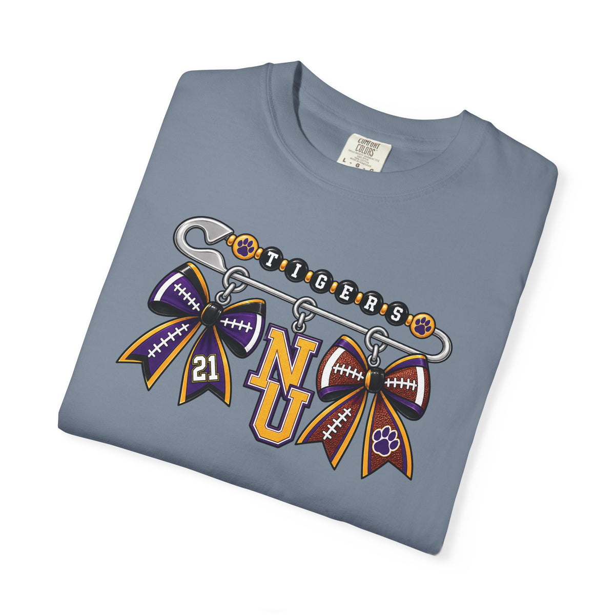 Safety Pin Charm TShirt Purple Gold Cheer Ribbon Design