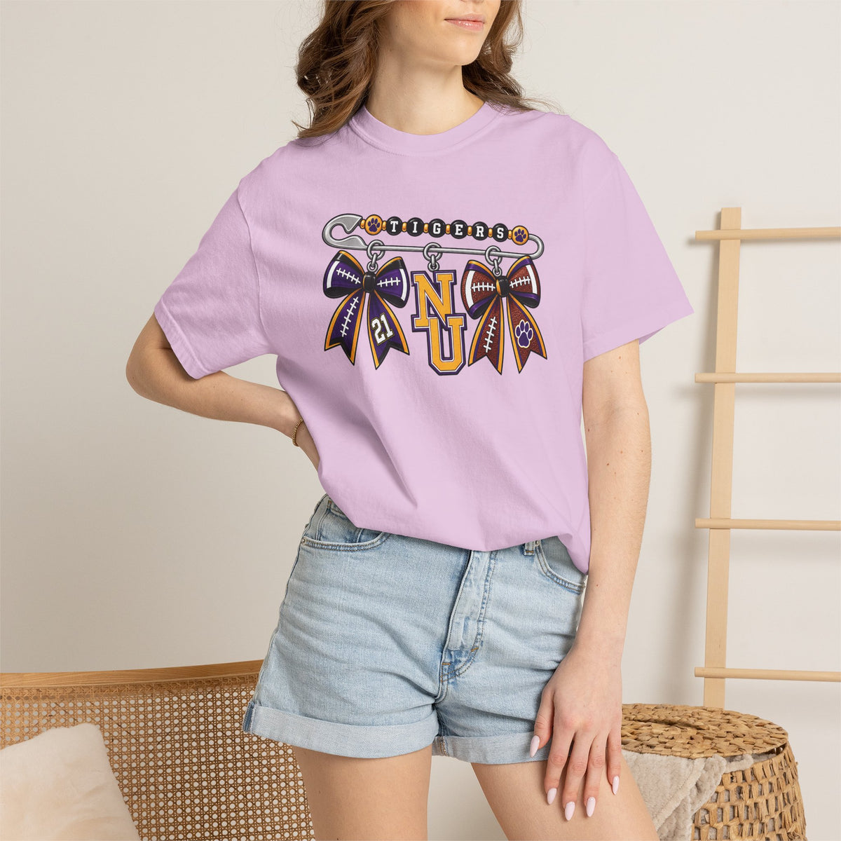 Safety Pin Charm TShirt Purple Gold Cheer Ribbon Design