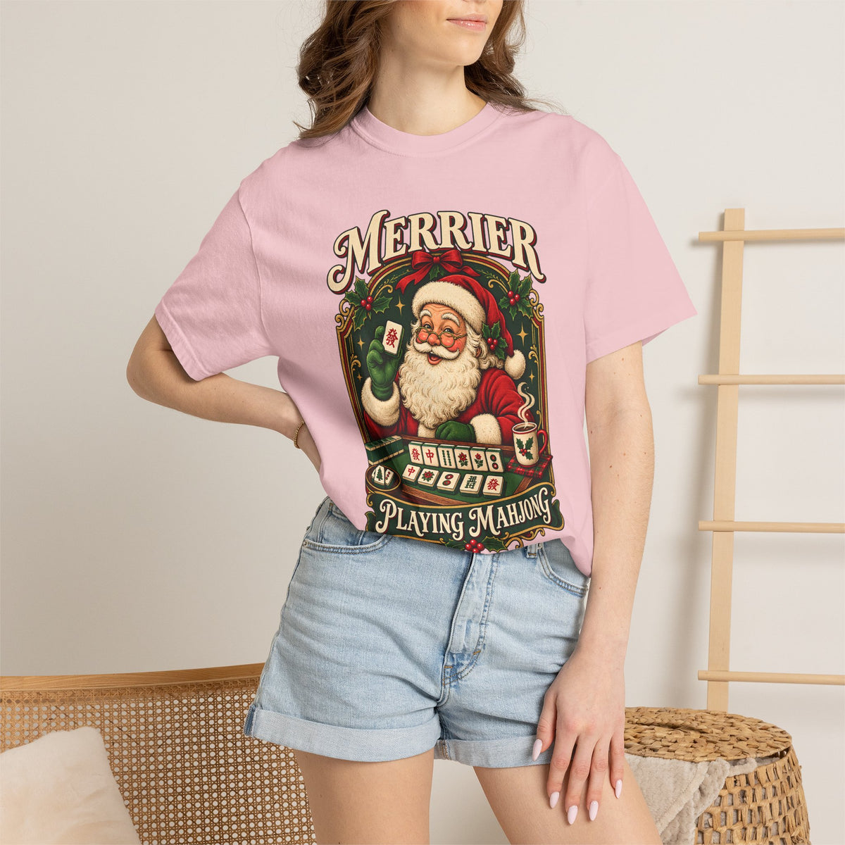 Merrier Playing Mahjong Vintage Santa Holiday Tee