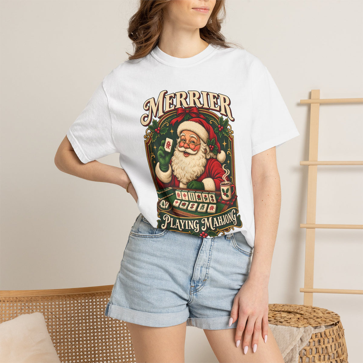 Merrier Playing Mahjong Vintage Santa Holiday Tee