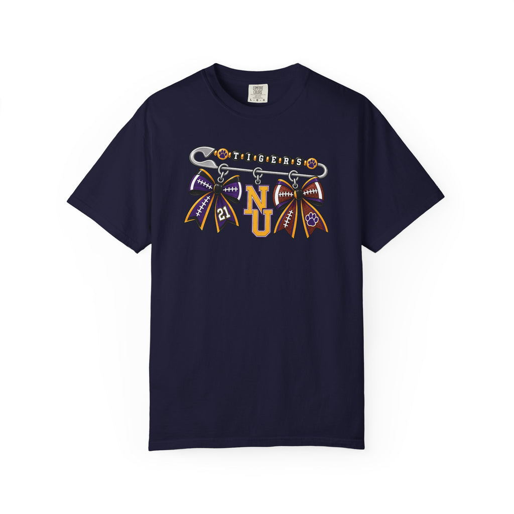 Safety Pin Charm TShirt Purple Gold Cheer Ribbon Design