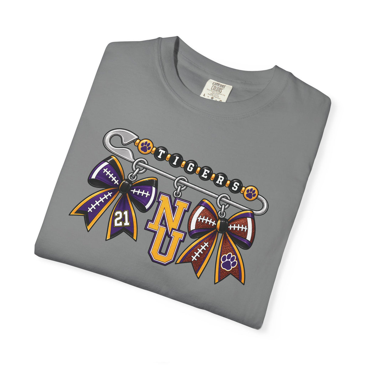 Safety Pin Charm TShirt Purple Gold Cheer Ribbon Design