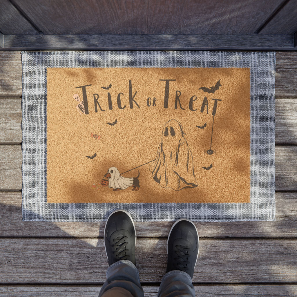 Trick or Treat Halloween Doormat — Ghost & Pup Porch Welcome Mat