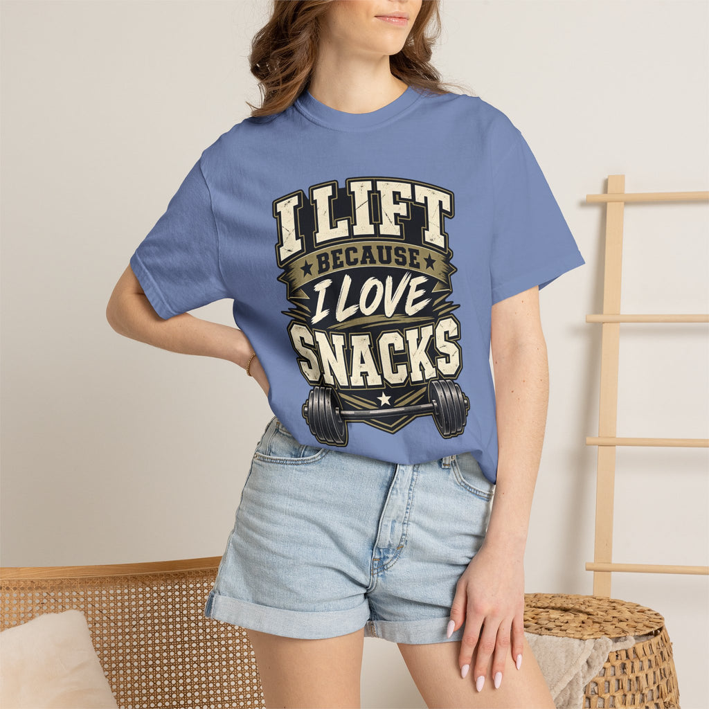 I Lift Because I Love Snacks T-Shirt — Funny Gym Weightlifting Tee
