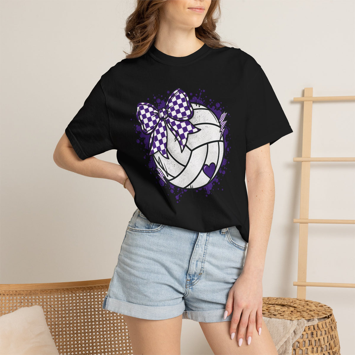 Volleyball Heart Purple Bow Graphic Tee