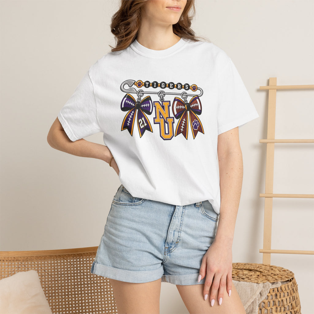 Safety Pin Charm TShirt Purple Gold Cheer Ribbon Design
