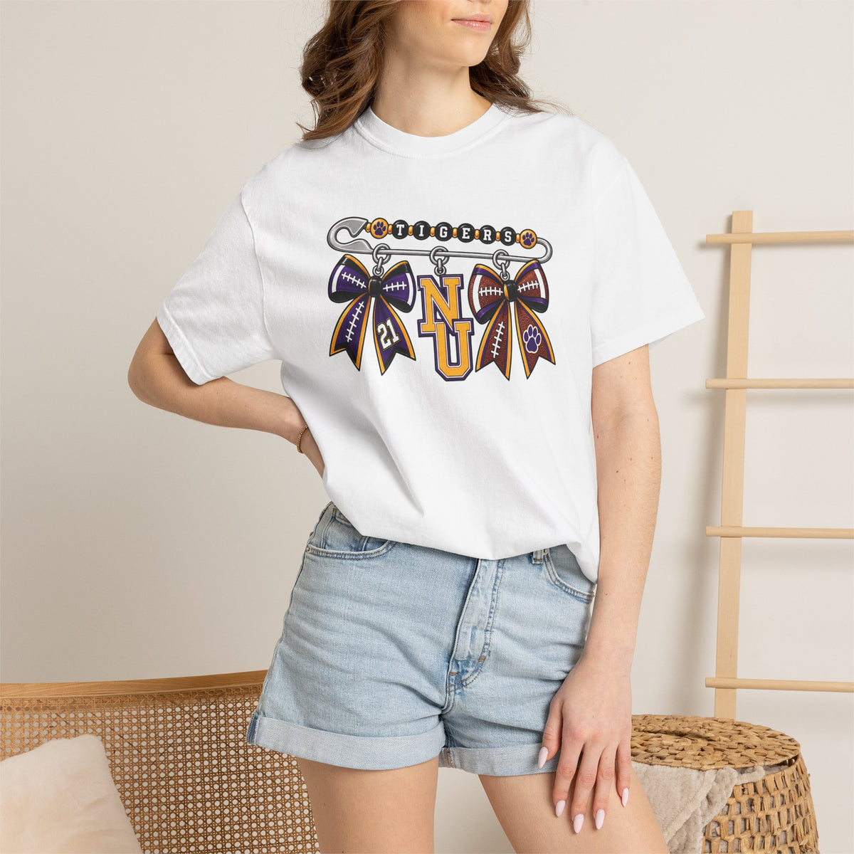 Safety Pin Charm TShirt Purple Gold Cheer Ribbon Design