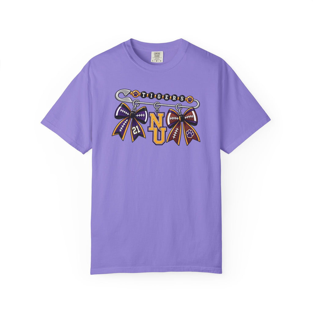Safety Pin Charm TShirt Purple Gold Cheer Ribbon Design