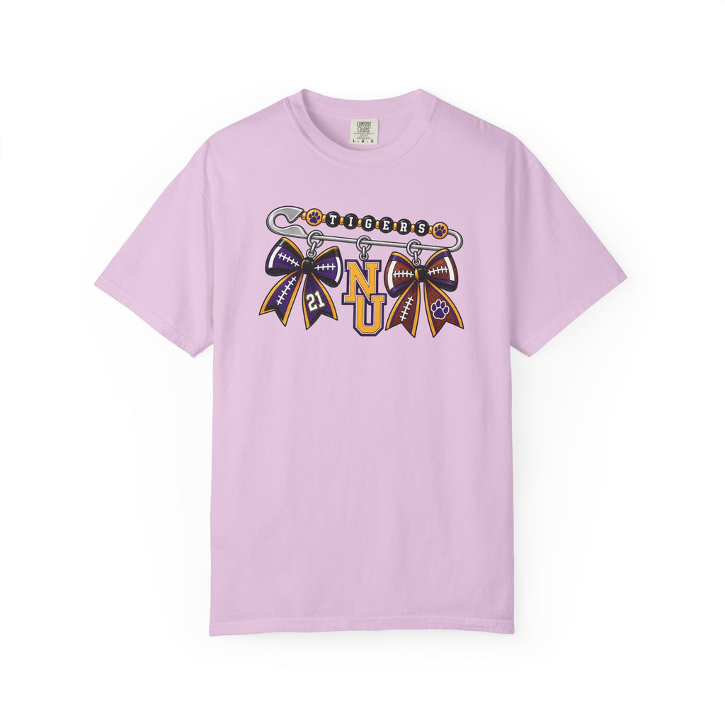 Safety Pin Charm TShirt Purple Gold Cheer Ribbon Design