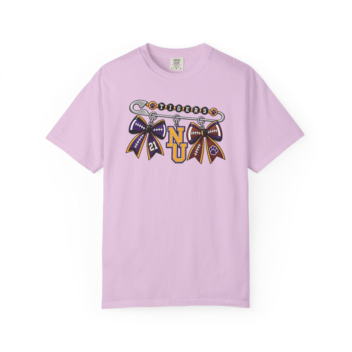 Safety Pin Charm TShirt Purple Gold Cheer Ribbon Design