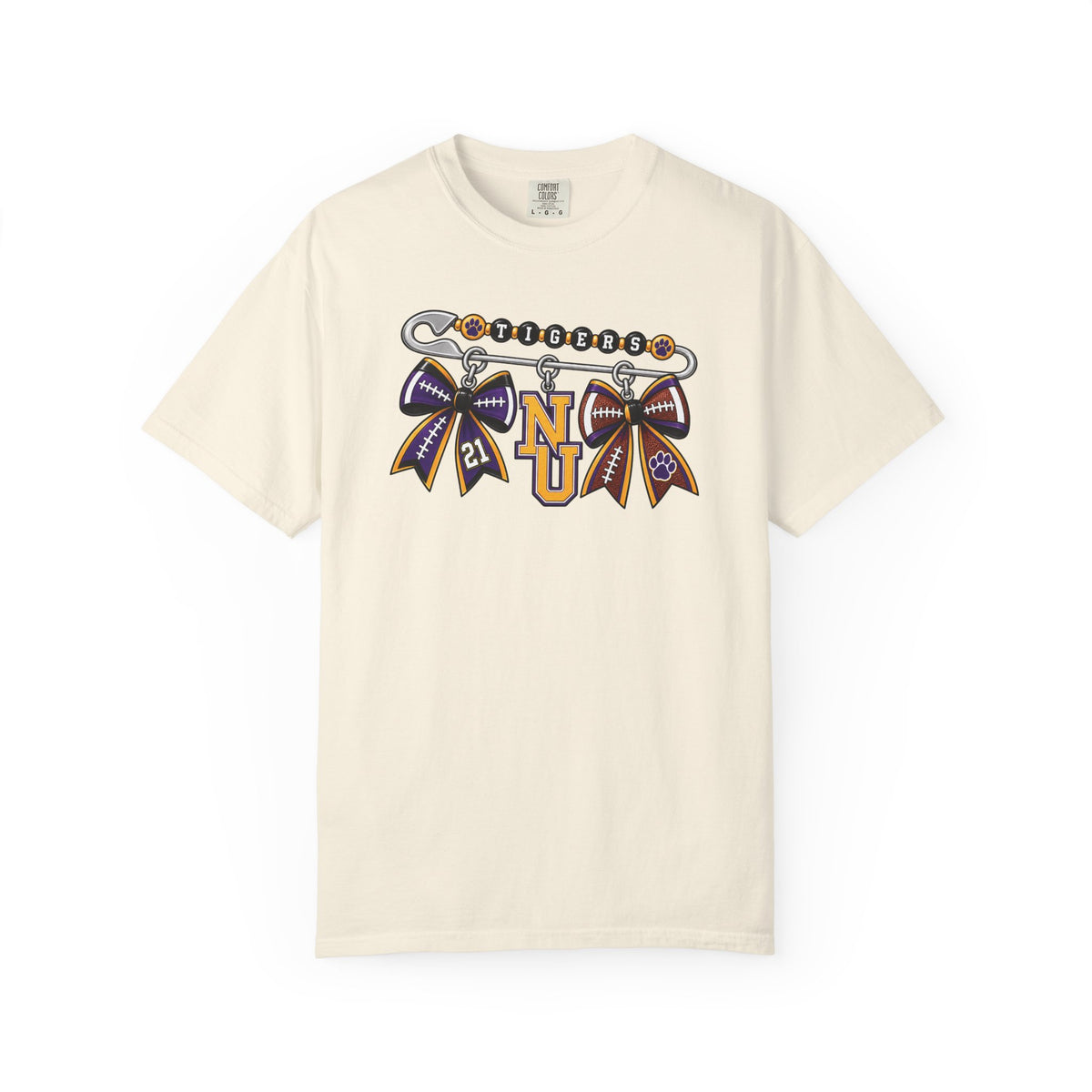 Safety Pin Charm TShirt Purple Gold Cheer Ribbon Design