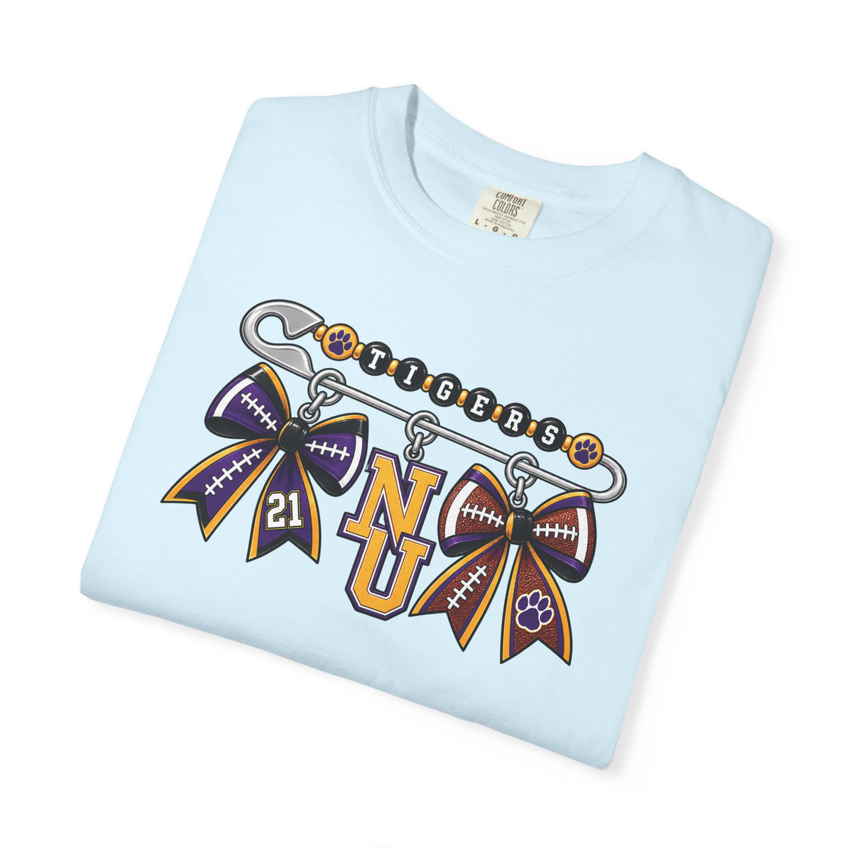 Safety Pin Charm TShirt Purple Gold Cheer Ribbon Design