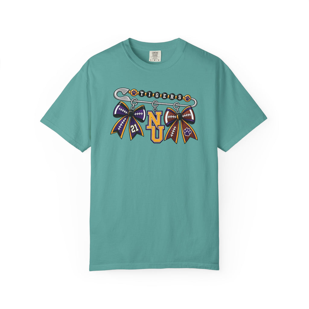Safety Pin Charm TShirt Purple Gold Cheer Ribbon Design