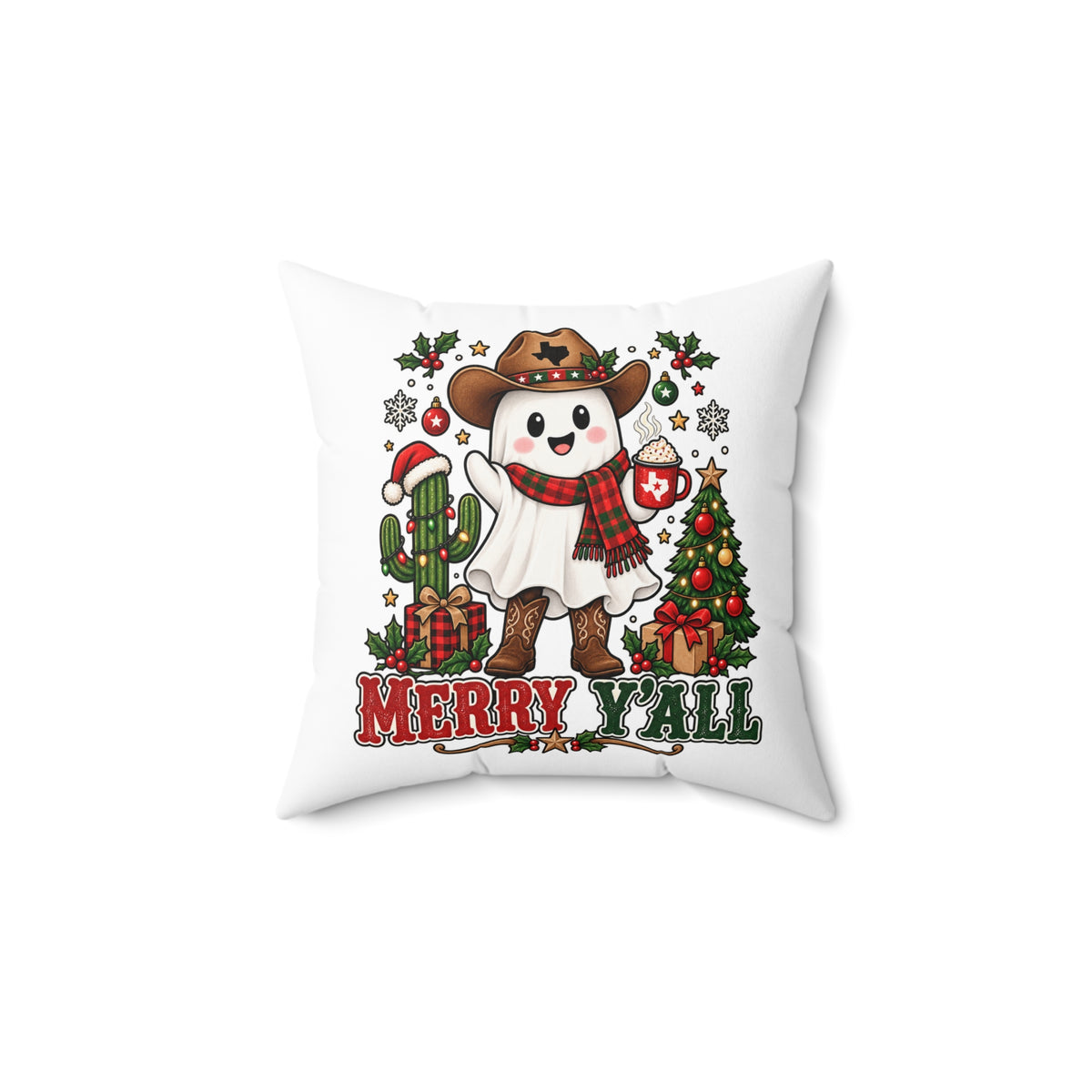 Halloween & Christmas Ghost Cowboy Pillow – “Boo Y'all” / “Merry Y'all” Decorative Throw Pillow