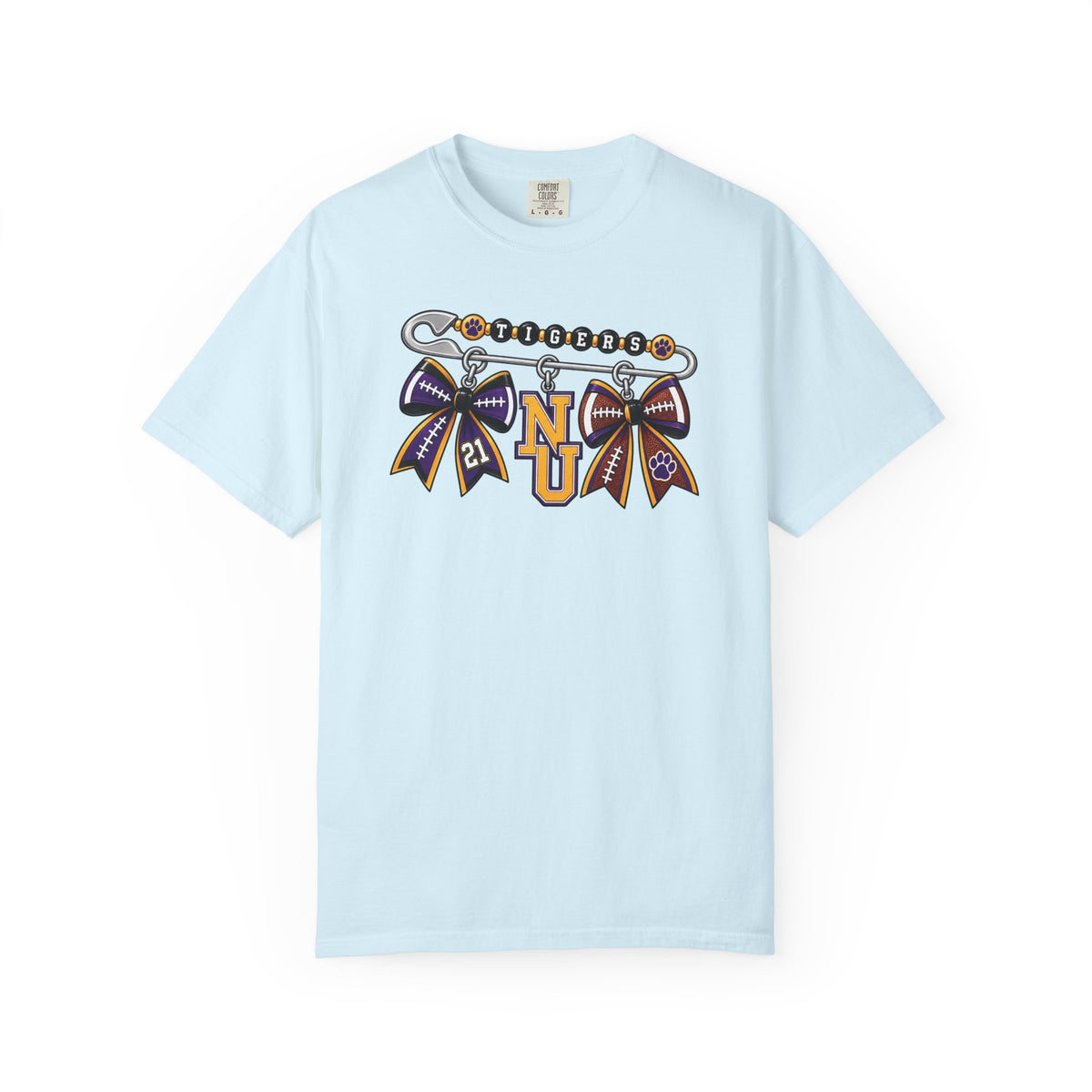 Safety Pin Charm TShirt Purple Gold Cheer Ribbon Design