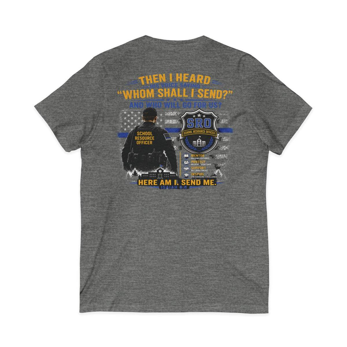 SPOUSE SRO Thin Blue Line V-Neck Tee — "Then I Heard 'Whom Shall I Send?'"