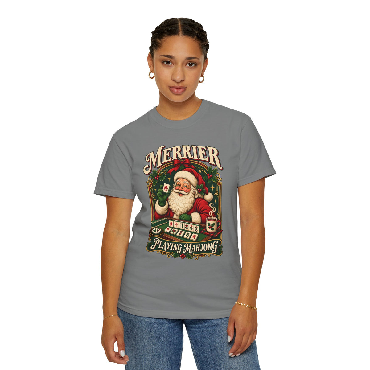 Merrier Playing Mahjong Vintage Santa Holiday Tee