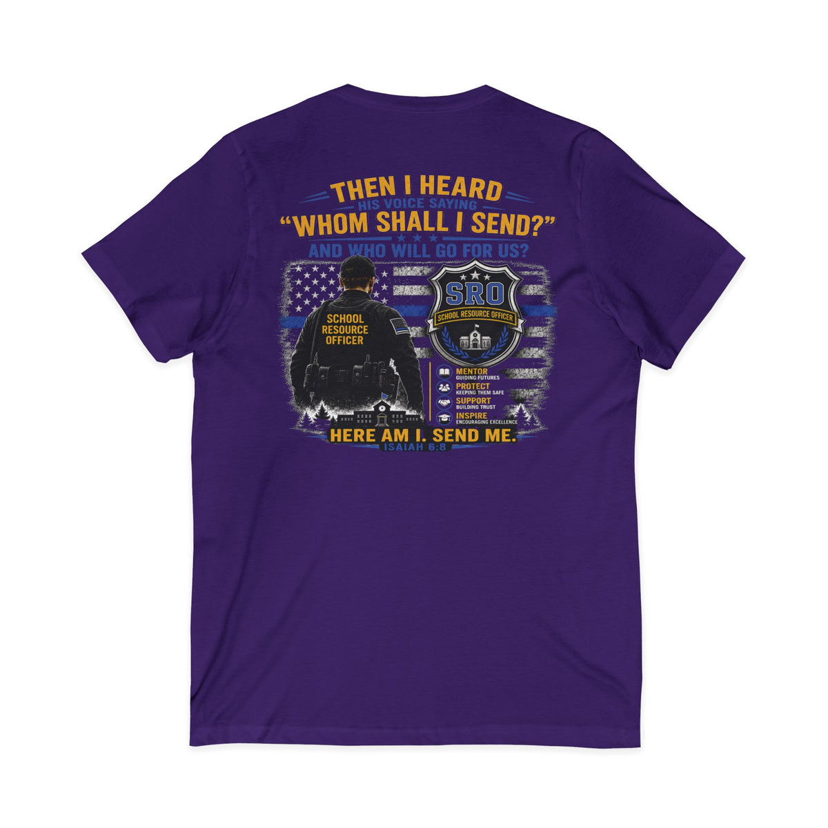 SPOUSE SRO Thin Blue Line V-Neck Tee — "Then I Heard 'Whom Shall I Send?'"