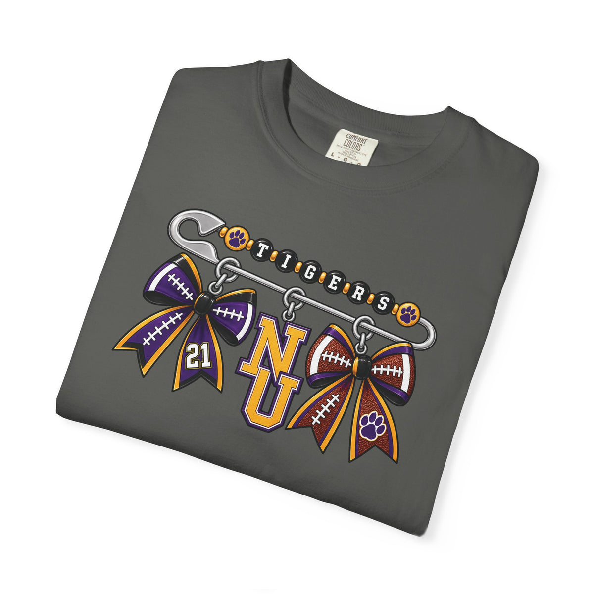 Safety Pin Charm TShirt Purple Gold Cheer Ribbon Design