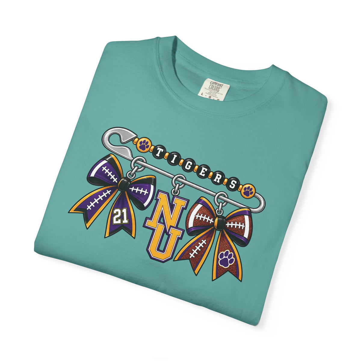 Safety Pin Charm TShirt Purple Gold Cheer Ribbon Design
