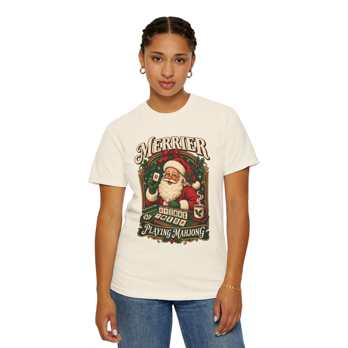 Merrier Playing Mahjong Vintage Santa Holiday Tee