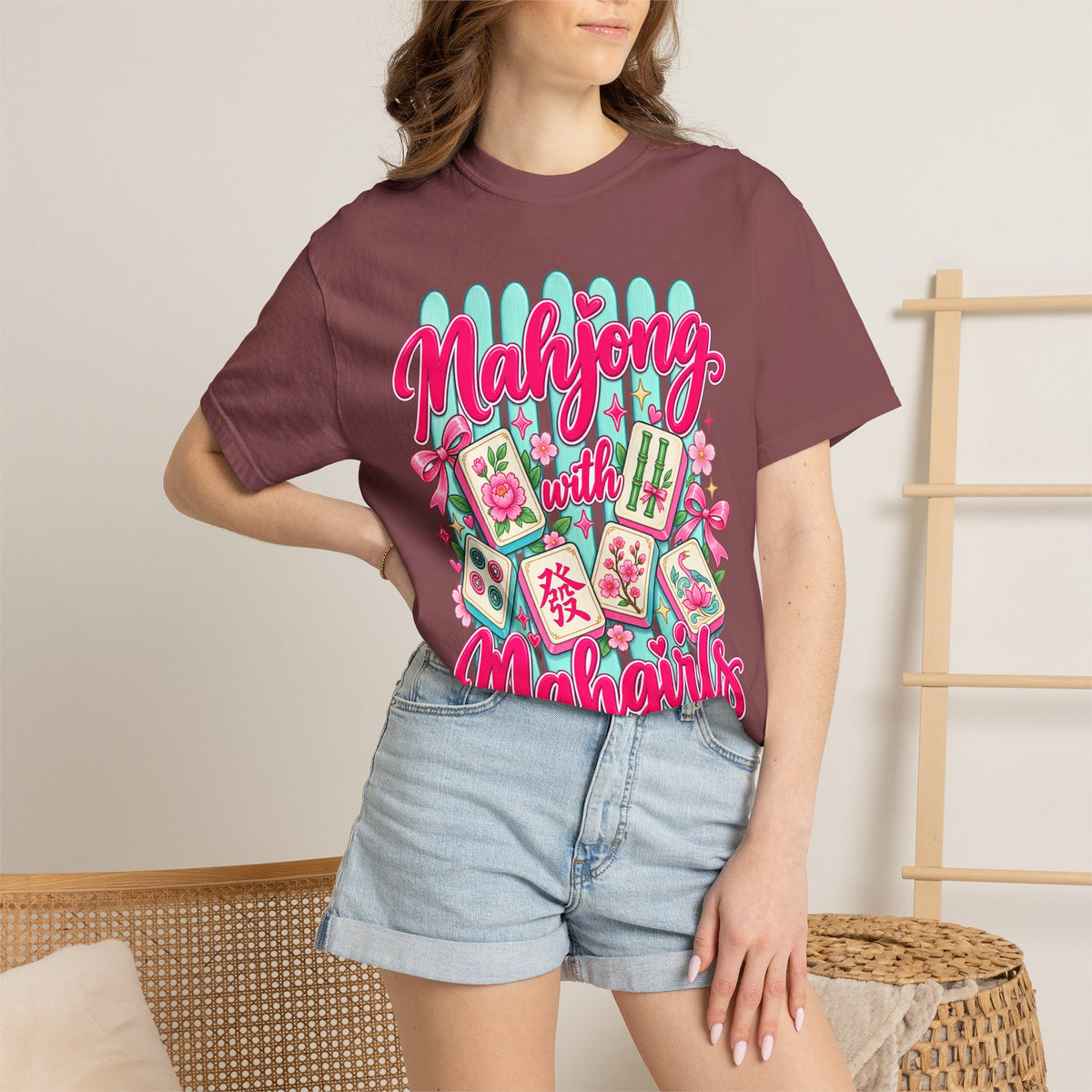 Mahjong with Mahgirls T-Shirt — Cute Floral Mahjong Tiles Tee for Mahjong Lovers