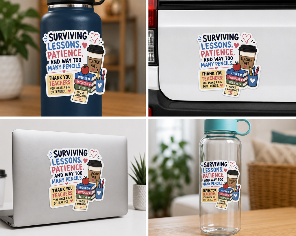 Teacher Appreciation Sticker — "Surviving Lessons, Patience, and Way Too Many Pencils"