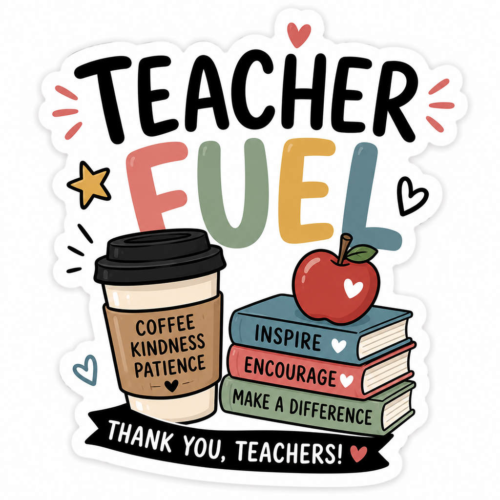 Teacher Fuel Sticker — Thank You, Teachers! Coffee & Books Kiss-Cut Decal