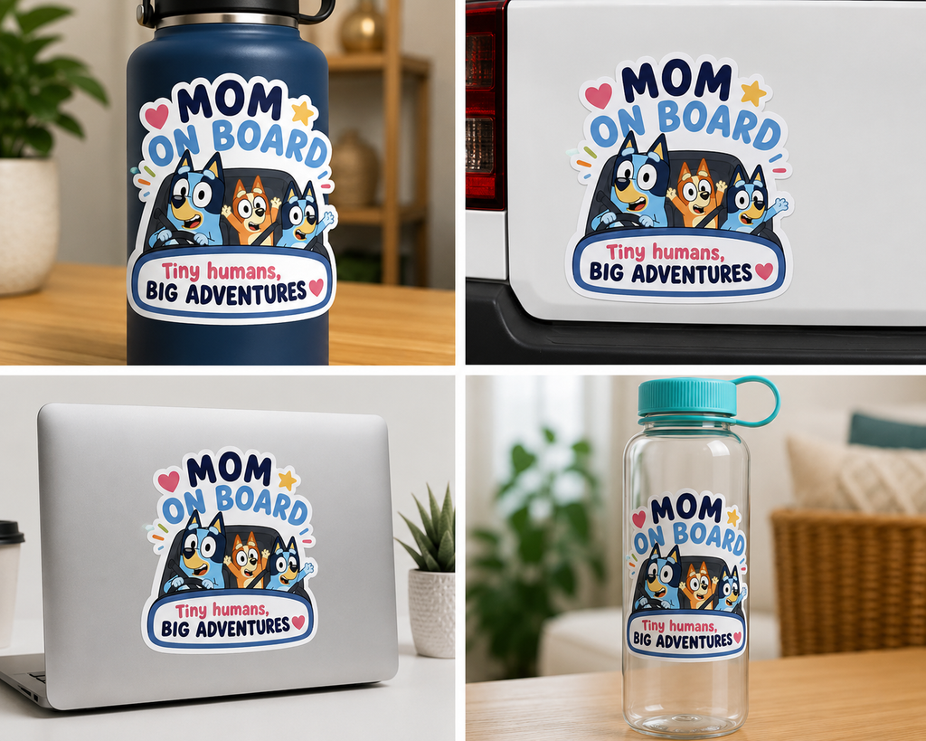 Mom On Board Kiss-Cut Sticker — "Tiny Humans, Big Adventures" Car & Laptop Decal