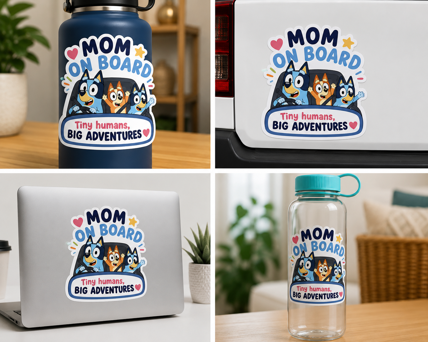 Mom On Board Kiss-Cut Sticker — "Tiny Humans, Big Adventures" Car & Laptop Decal