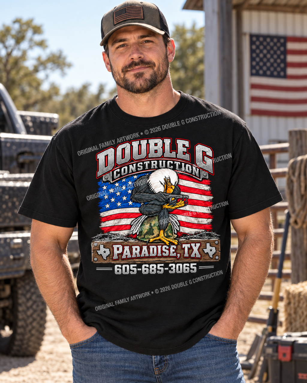 Double G Construction TShirt  American Eagle Flag Logo